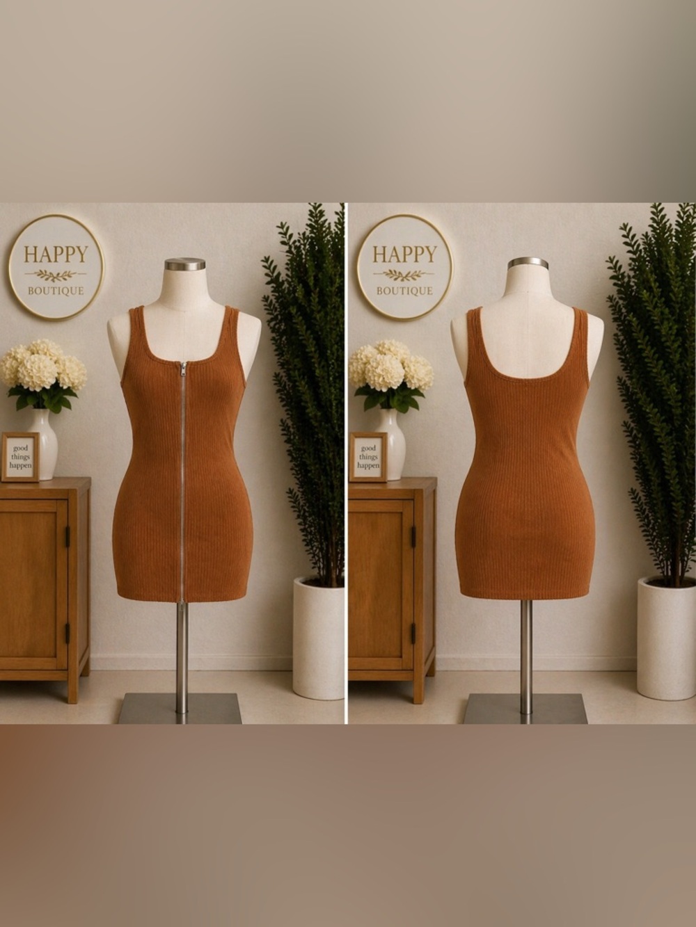 No Boundaries Ribbed Zip-Front Mini Dress in Brown